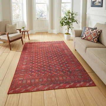 Washable Kashmar 2018 Traditional Bokhara Gul Motif Border Soft Digitally Printed Lightweight Textured Polyester Flatweave Deep Crimson Red/Rust Red/Navy/Ivory/Charcoal Grey Rug-Think Rugs-Rug Love - The Most Loved Rug Store